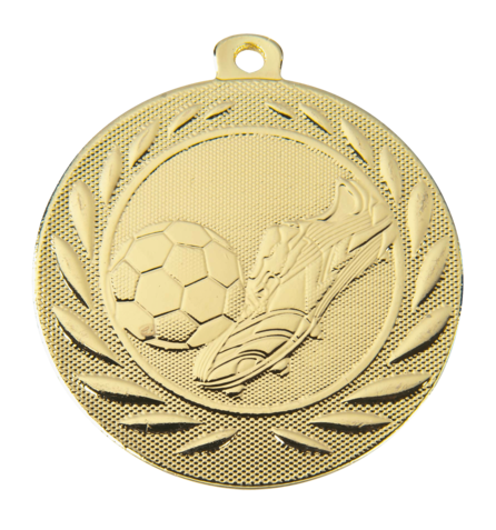 Gouden medaille met een afbeelding van een voetbal en een lauwerkrans.