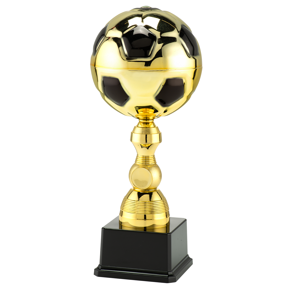 Voetbal trofee met gouden metalen voetbal op zwarte voet inclusief eigen logo en tekstplaatje.