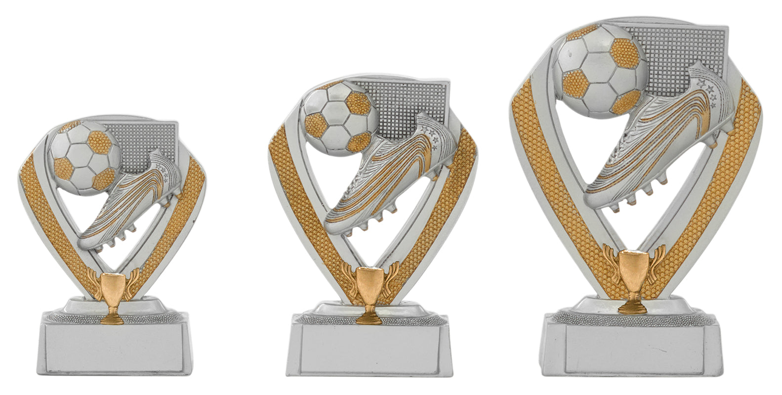 Voetbal resin trofee met voetbalschoen, voetbal en doel verkrijgbaar in 10, 12 en 14 cm inclusief tekstplaatje.