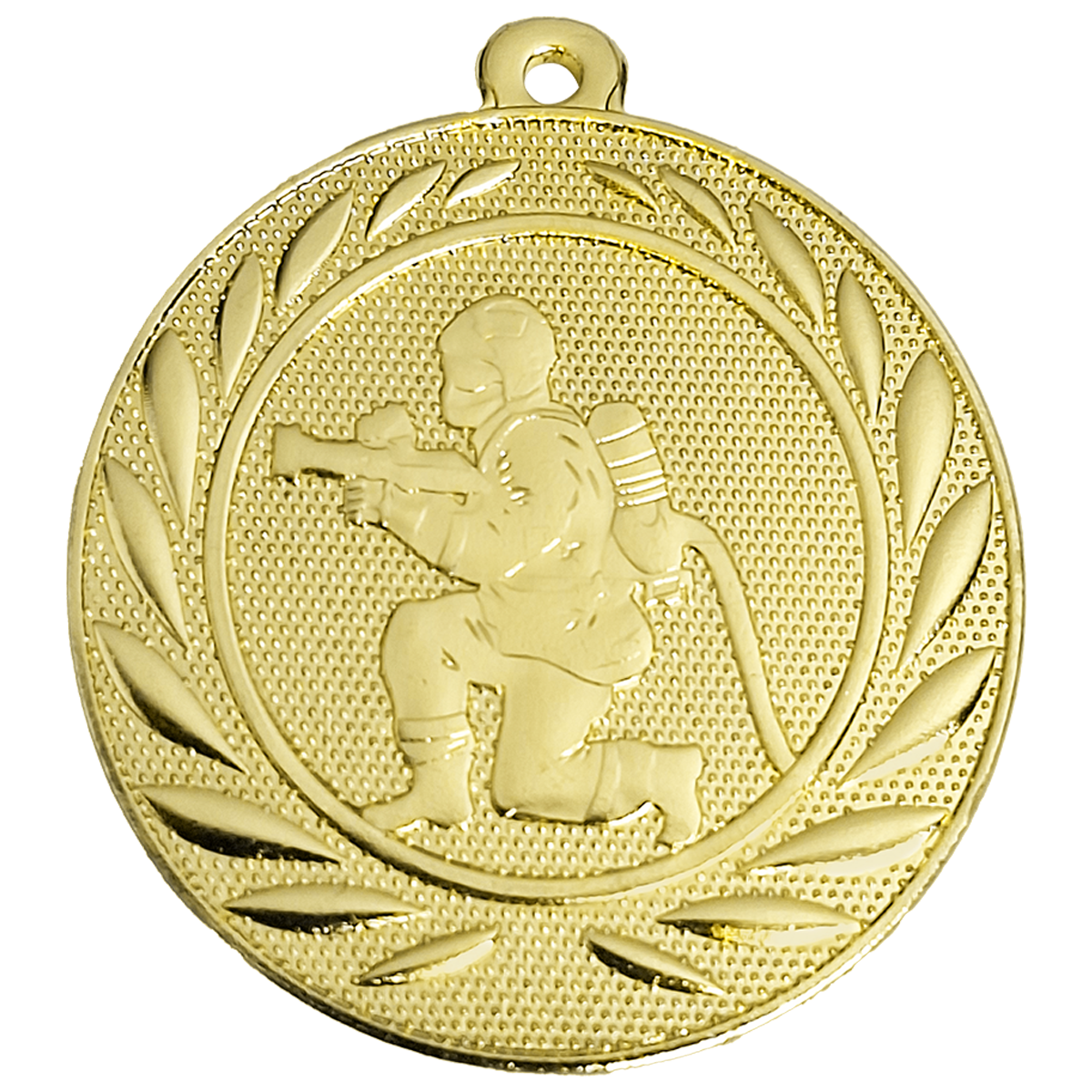 Gouden brandweer medaille van 50 mm met afbeelding van brandweerman in actie