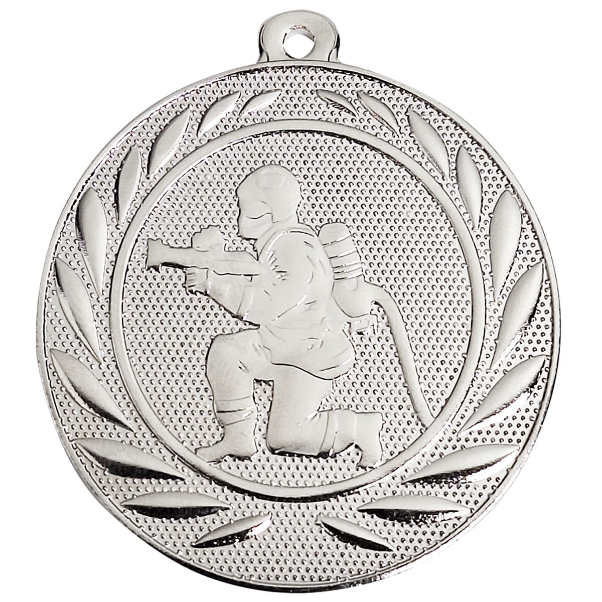 Zilveren brandweer medaille van 50 mm met afbeelding van brandweerman in actie