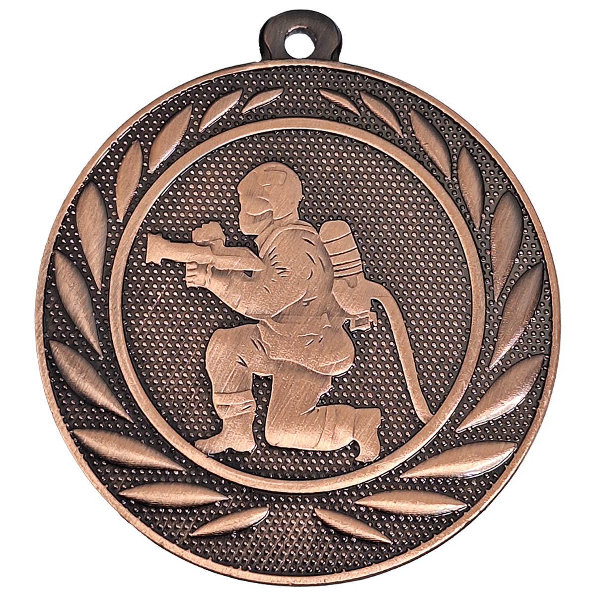 Bronzen brandweer medaille van 50 mm met afbeelding van brandweerman in actie