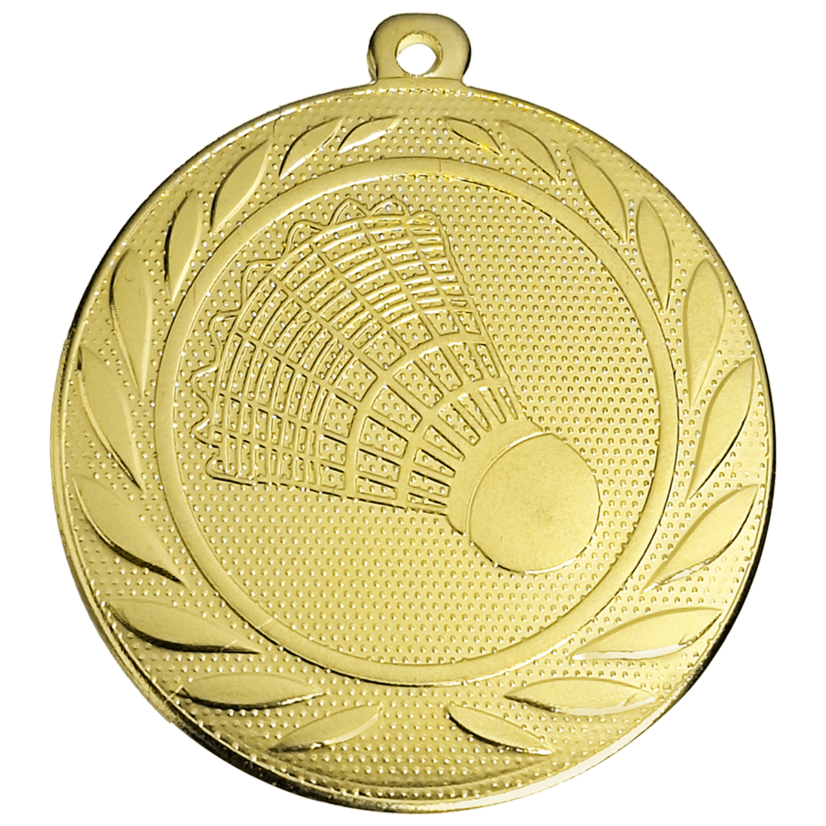Gouden medaille met reliëf badminton shuttle binnen een decoratieve rand met bladeren en een ophangoog bovenaan.