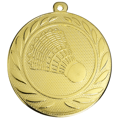 Gouden medaille met reliëf badminton shuttle binnen een decoratieve rand met bladeren en een ophangoog bovenaan.