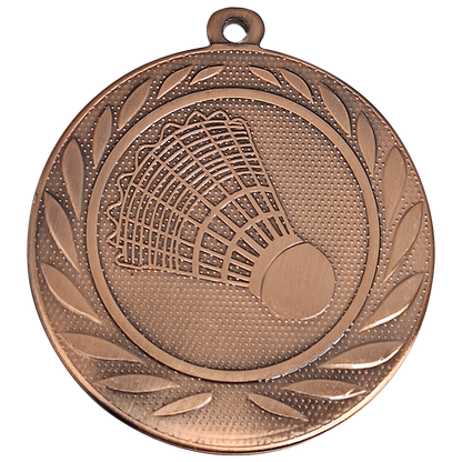 Bronzen medaille met reliëf badminton shuttle binnen een decoratieve rand met bladeren en een ophangoog bovenaan.