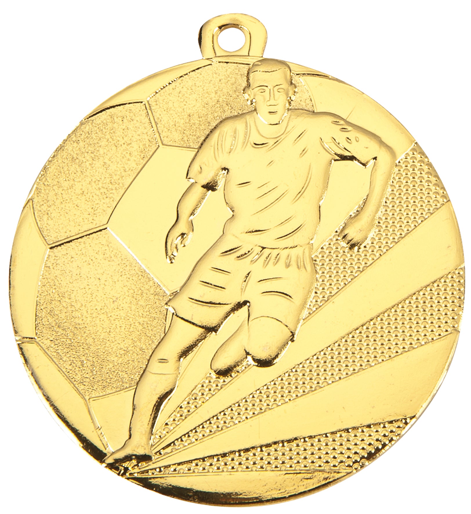 Gouden voetbalmedaille met een speler in actie, te personaliseren met tekst.