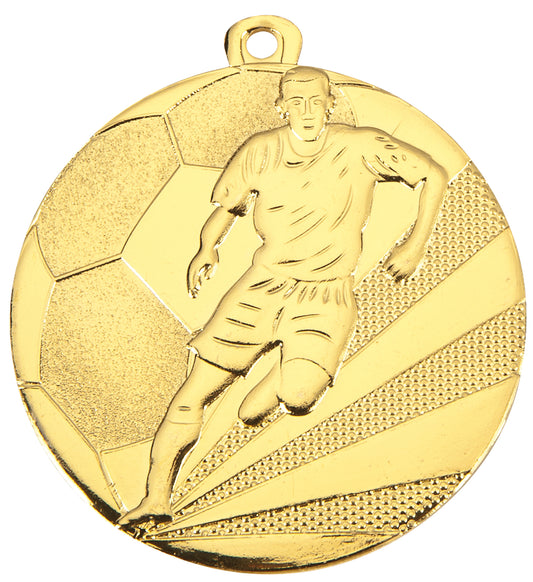 Gouden voetbalmedaille met een speler in actie, te personaliseren met tekst.