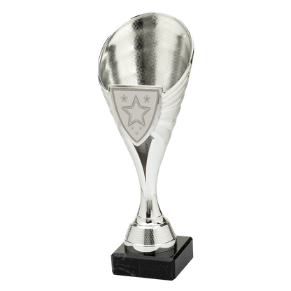 zilverkleurige trofee van kunststof met marmeren voet en schildvormige medailleplaat