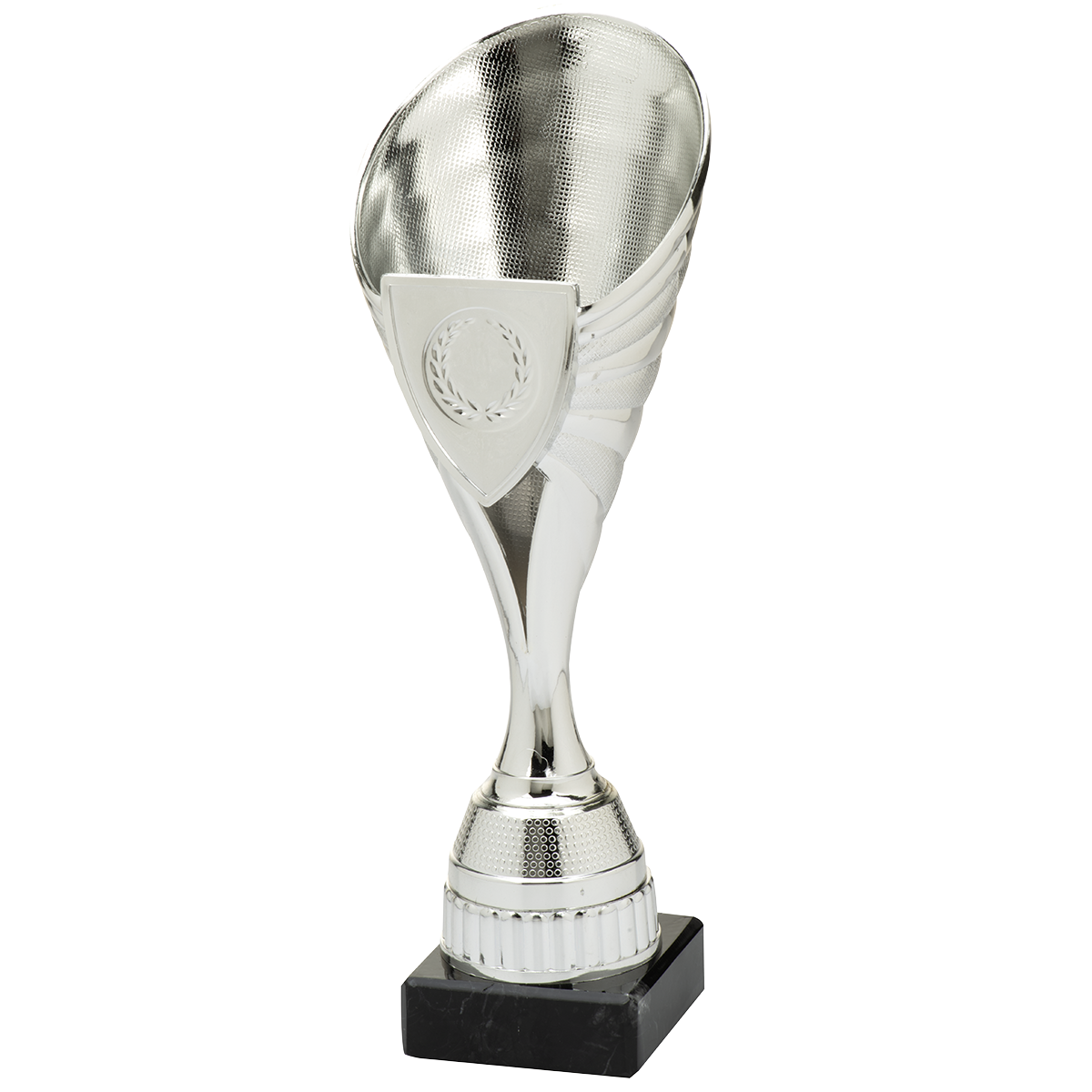 zilverkleurige trofee van kunststof met marmeren voet en schildvormige medailleplaat