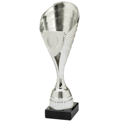 zilverkleurige trofee van kunststof met marmeren voet en schildvormige medailleplaat