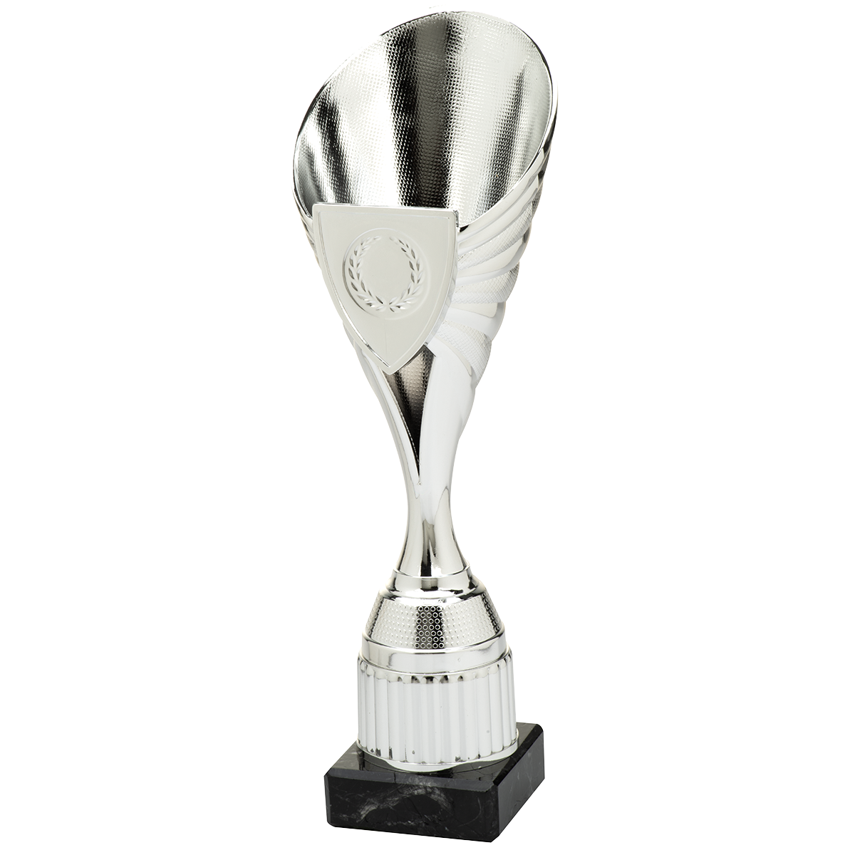 zilverkleurige trofee van kunststof met marmeren voet en schildvormige medailleplaat