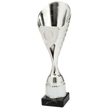 zilverkleurige trofee van kunststof met marmeren voet en schildvormige medailleplaat