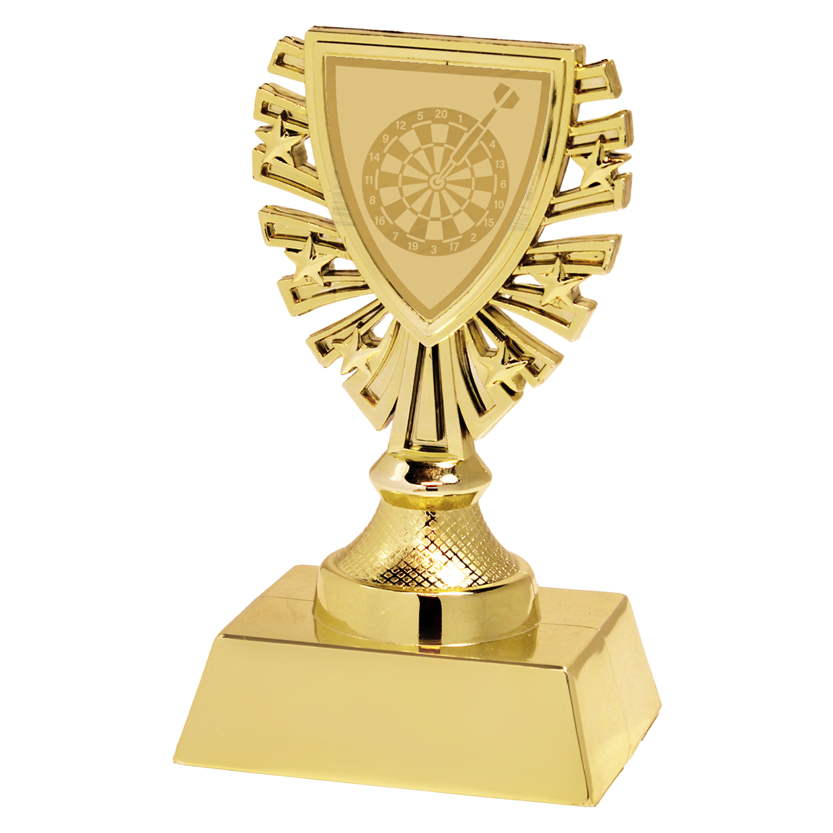 Goudkleurige variant: Goudkleurige budget trofee van kunststof met schildvormige sportafbeelding.