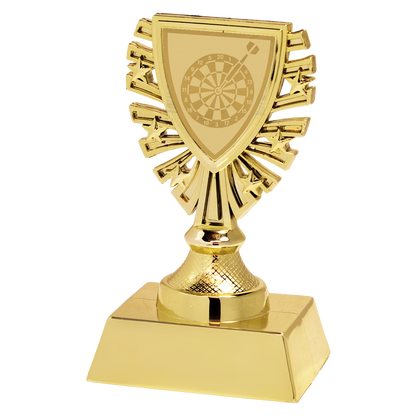 Goudkleurige variant: Goudkleurige budget trofee van kunststof met schildvormige sportafbeelding.