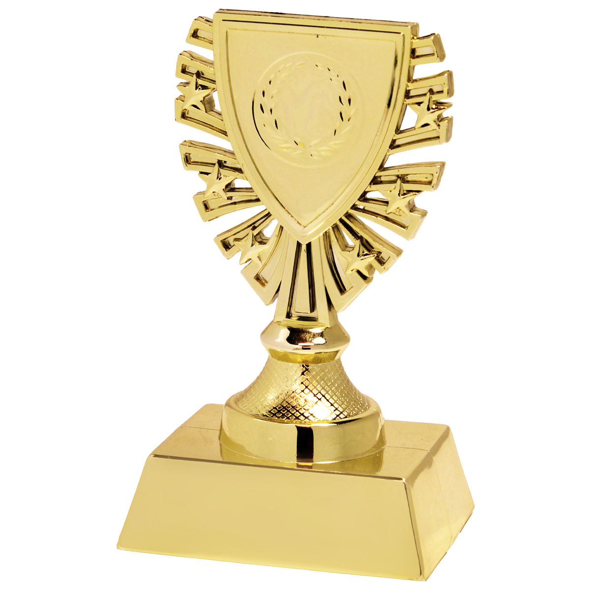 Budget trofee van kunststof met schildvormige sportafbeelding, verkrijgbaar in goud, zilver en brons.