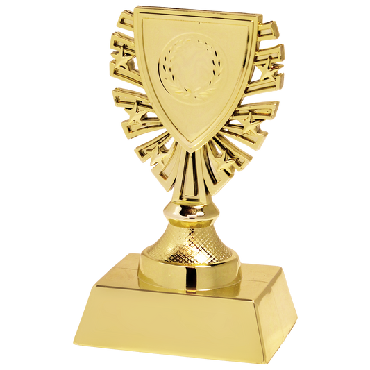Budget trofee van kunststof met schildvormige sportafbeelding, verkrijgbaar in goud, zilver en brons.