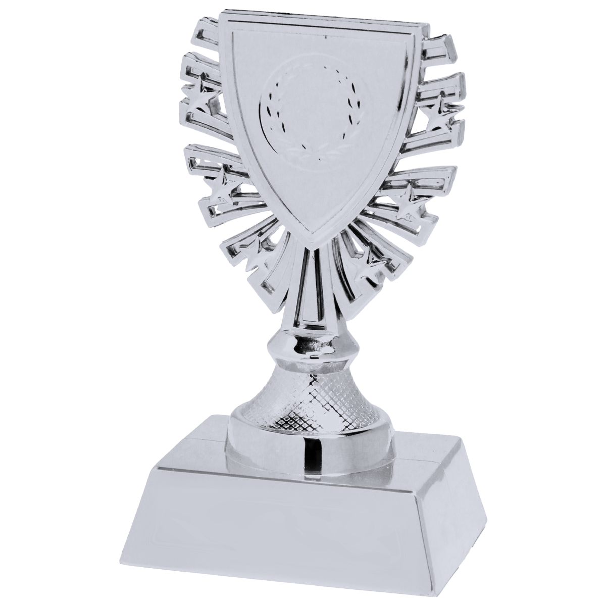 Zilverkleurige variant: Zilverkleurige budget trofee van kunststof met schildvormige sportafbeelding.