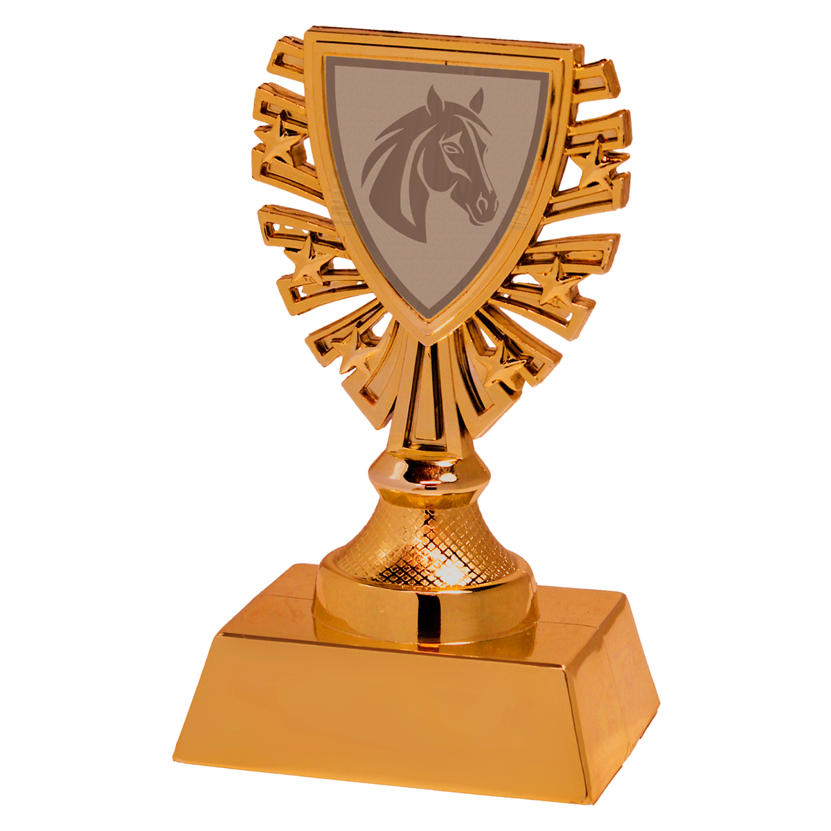 Bronskleurige variant: Bronskleurige budget trofee van kunststof met schildvormige sportafbeelding.
