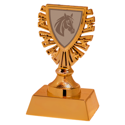 Bronskleurige variant: Bronskleurige budget trofee van kunststof met schildvormige sportafbeelding.