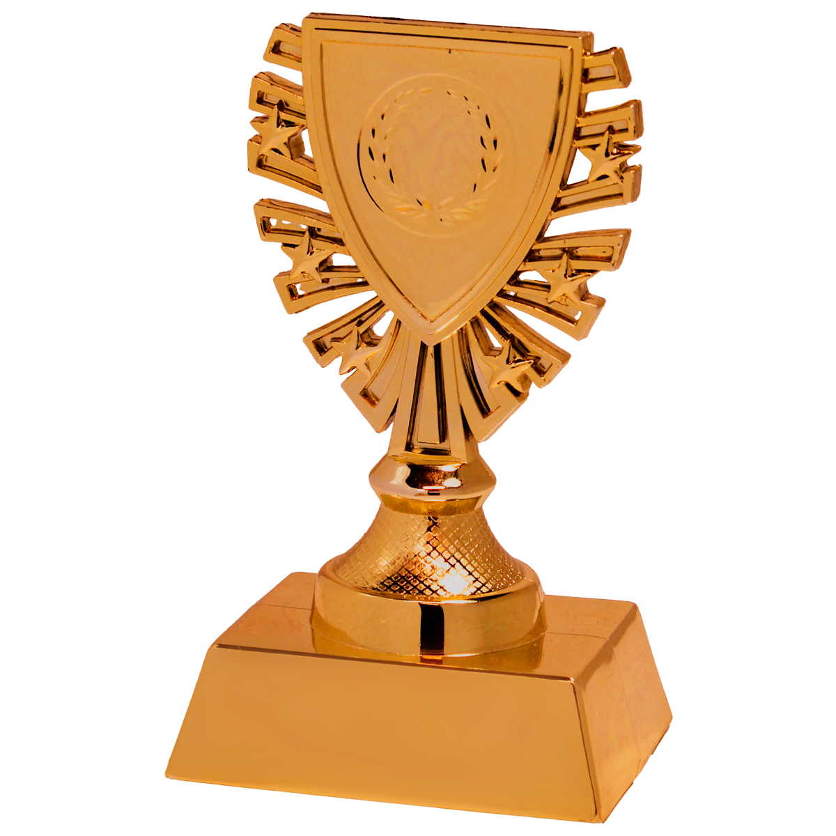 Bronskleurige variant: Bronskleurige budget trofee van kunststof met schildvormige sportafbeelding.