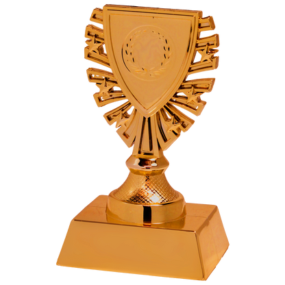 Bronskleurige variant: Bronskleurige budget trofee van kunststof met schildvormige sportafbeelding.