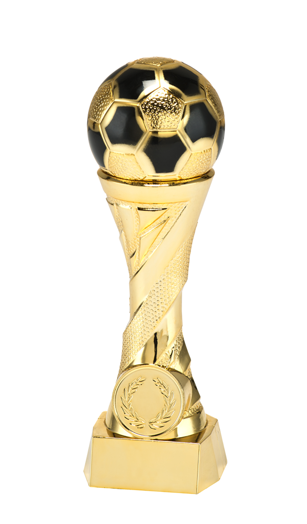 Gouden voetbalbeker met voetbal bovenop verkrijgbaar in 16, 19, 23 en 27 cm inclusief tekstplaatje en eigen logo.
