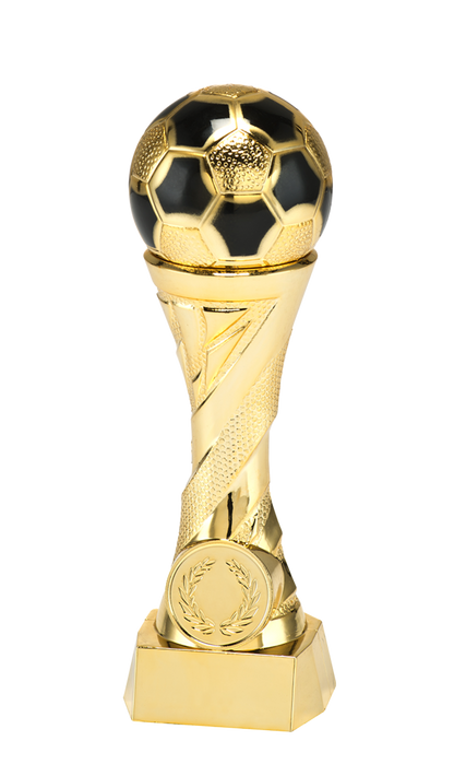 Gouden voetbalbeker met voetbal bovenop verkrijgbaar in 16, 19, 23 en 27 cm inclusief tekstplaatje en eigen logo.