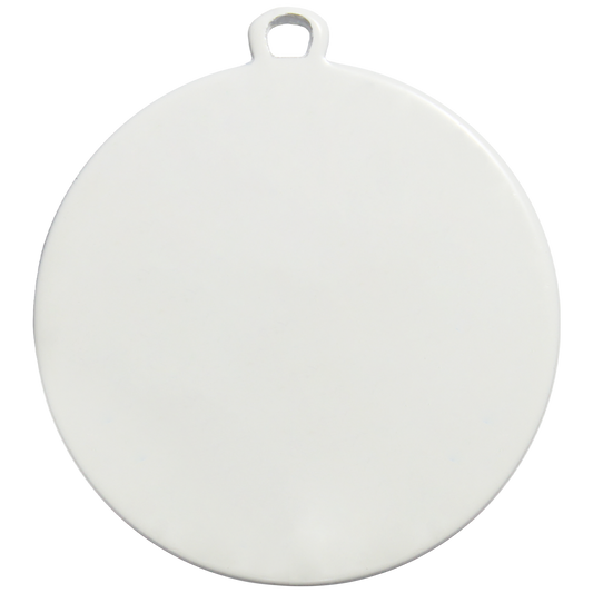 Witte metalen medaille van 50 mm met mogelijkheid tot full-colour UV-personalisatie.