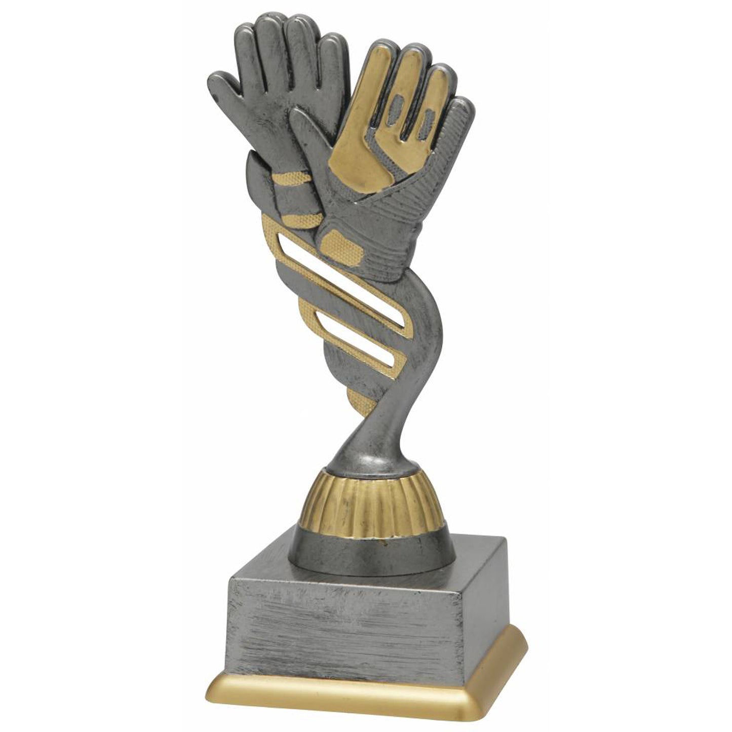 Keeper trofee voor voetbal in antiek grijs met keepershandschoenen en mogelijkheid voor gepersonaliseerd tekstplaatje