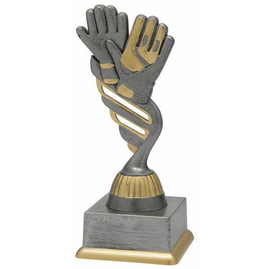 Keeper trofee voor voetbal in antiek grijs met keepershandschoenen en mogelijkheid voor gepersonaliseerd tekstplaatje