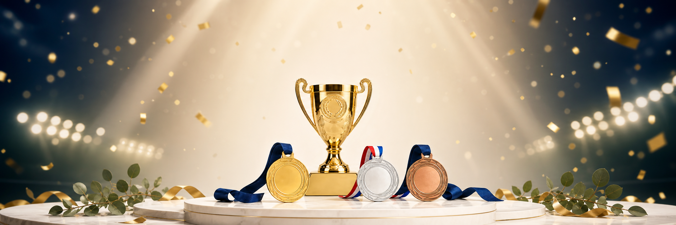 Medailles en gouden trofee op een feestelijk podium met stadionlicht en confetti
