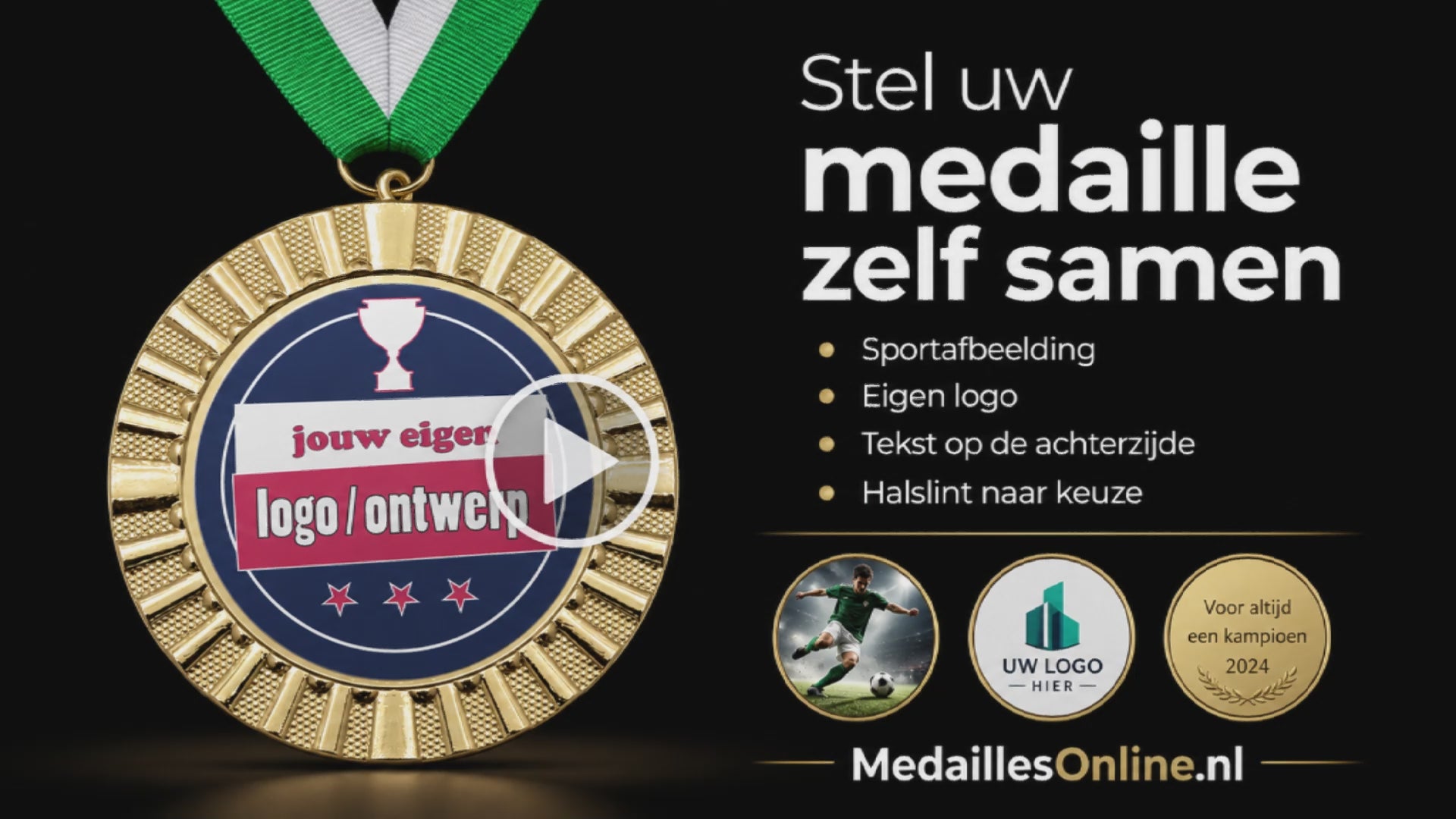 Video laden: Video over het personaliseren van een medaille met sportafbeelding, eigen logo, tekst op de achterzijde en halslint