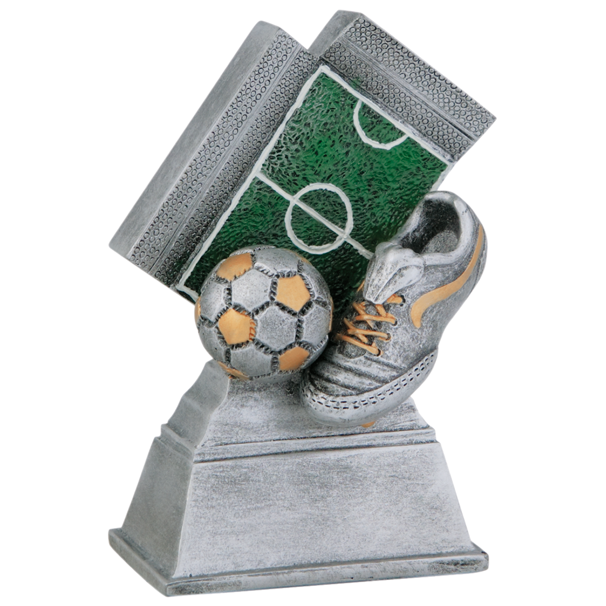 Voetbal resin beeldje van 12 cm met voetbal, voetbalschoen en voetbalveld inclusief tekstplaatje voor personalisatie.