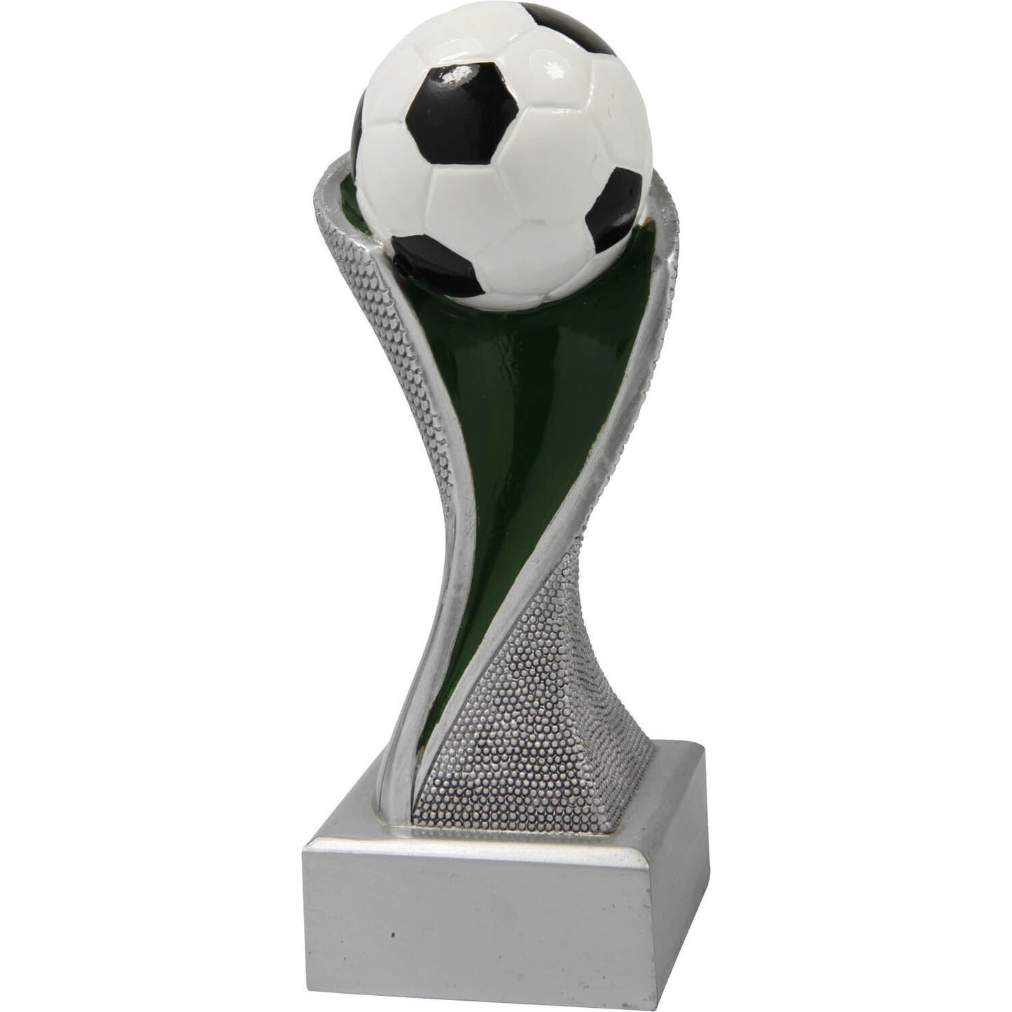 Voetbal resin trofee met voetbal bovenop verkrijgbaar in 6 formaten inclusief gepersonaliseerd tekstplaatje.